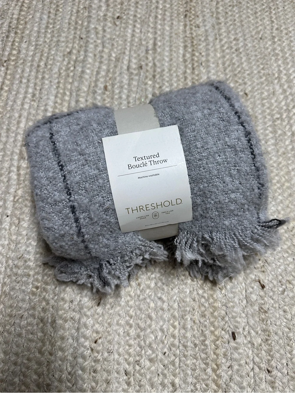 NEW Threshold Grey Windowpane Textured Boucle Throw Blanket w/Fringe Trim